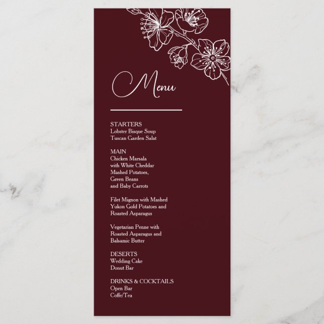 White Line Art Flowers Deep Burgundy Wedding Menu (Front)