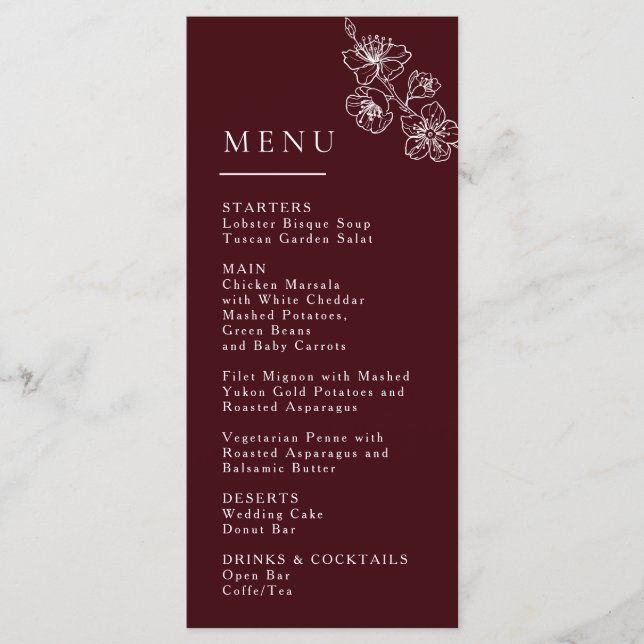 White Line Art Flowers Deep Burgundy Wedding Menu (Front)