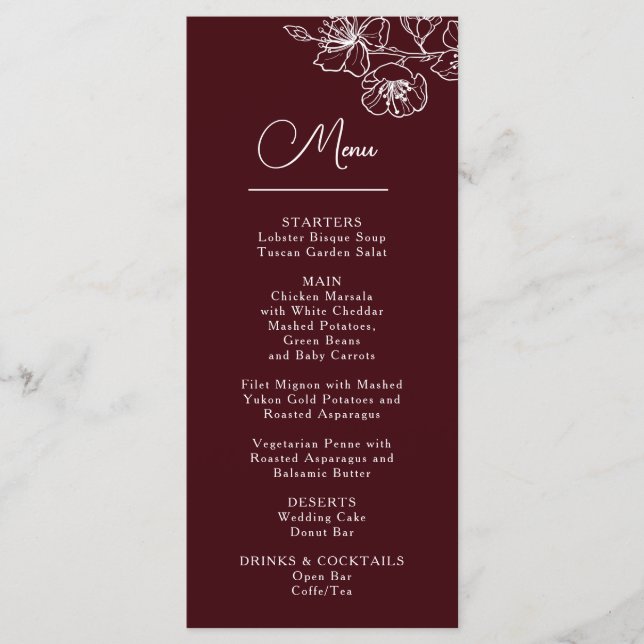 White Line Art Flowers Deep Burgundy Wedding Menu (Front)