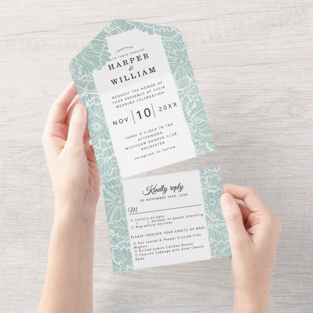 white line art flowers on turquoise wedding all in one invitation (Tearaway)