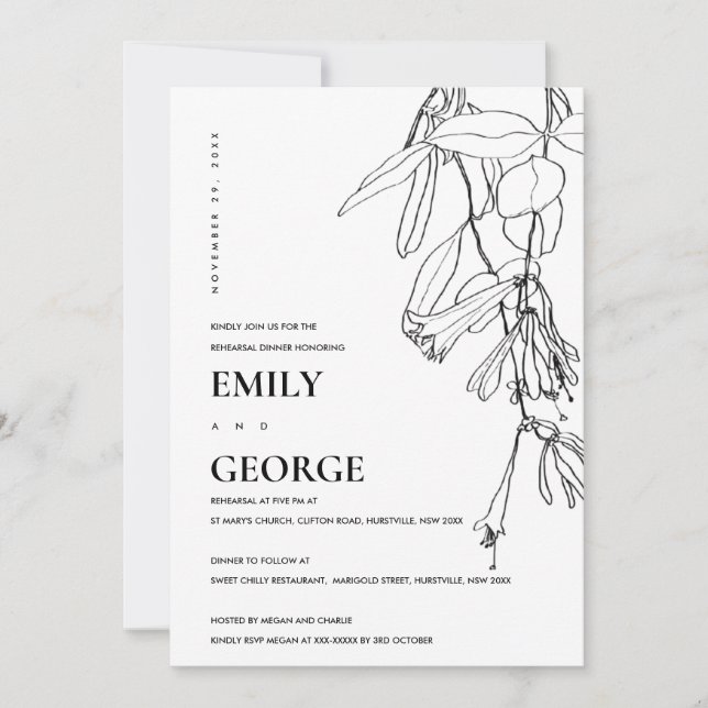 WHITE LINE DRAWING FLORAL REHEARSAL DINNER INVITE (Front)