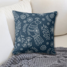 White Line Nordic Bird Pattern on Blue