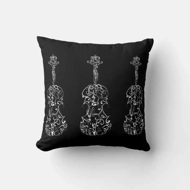 White Line Violin Drawing on Black Cushion (Front)