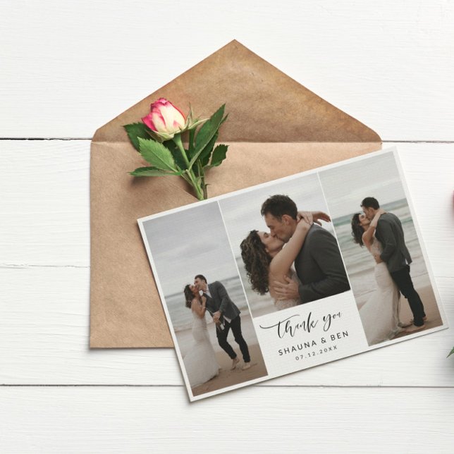 White Lined Back 3 Photo Collage Wedding Thank You (Creator Uploaded)