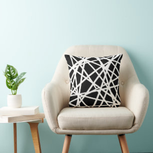 White Lines And Irregular Black Shapes Abstract Cushion
