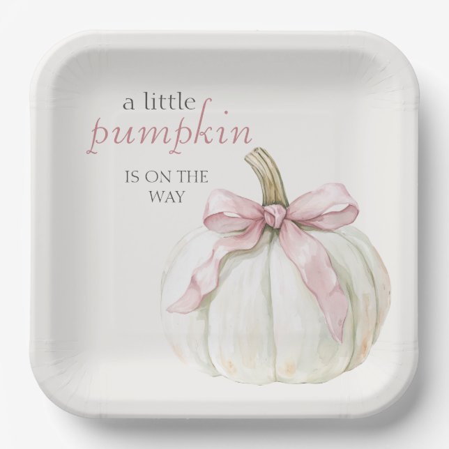 White Little Pumpkin Pink Bow Girl Baby Shower  Paper Plate (Front)