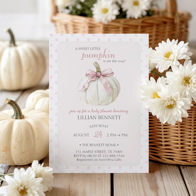 White Little Pumpkin Pink Polka Dots Baby Shower Invitation (Creator Uploaded)