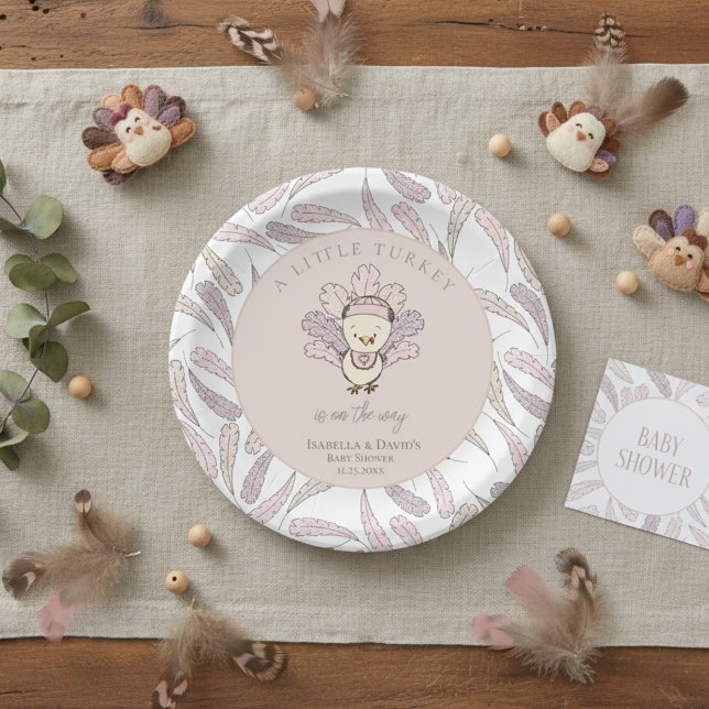 White Little Turkey Feathers Fall Girl Baby Shower Paper Plate (Little Turkey Thanksgiving Baby Shower Plates. Pink & White Cute Baby Turkey & Feather Illustration )