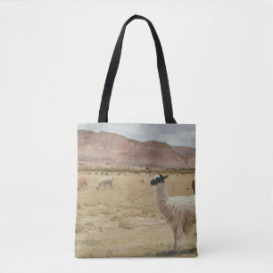WHITE LLAMA ON BROWN GRASS TOTE BAG