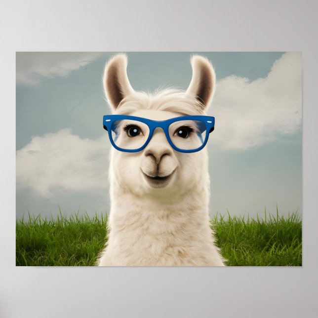 White Llama with Blue Glasses  Poster (Front)