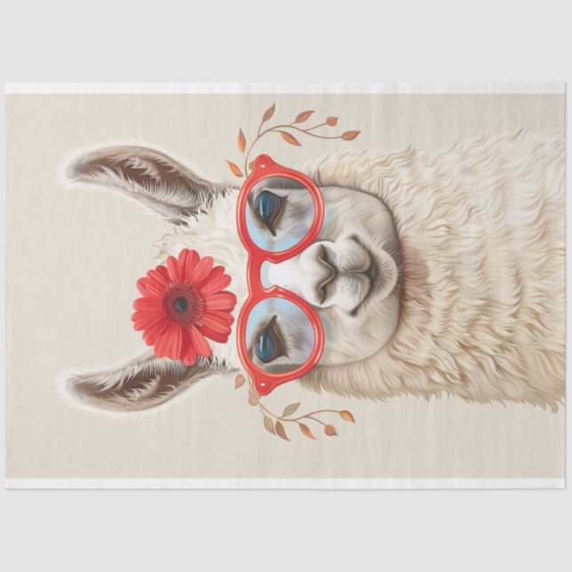 White Llama with Red Flower Glasses Decoupage Tissue Paper (Front)