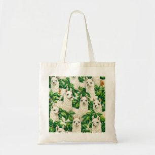 White Llamas in Lush Green Botanical Pattern Tote Bag