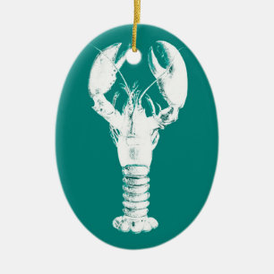 White Lobster on Turquoise / Teal Ceramic Tree Decoration