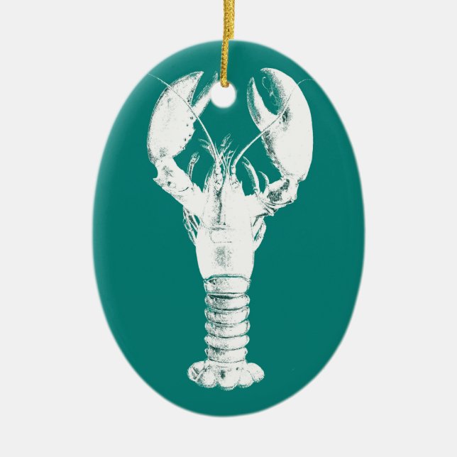 White Lobster on Turquoise / Teal Ceramic Tree Decoration (Front)
