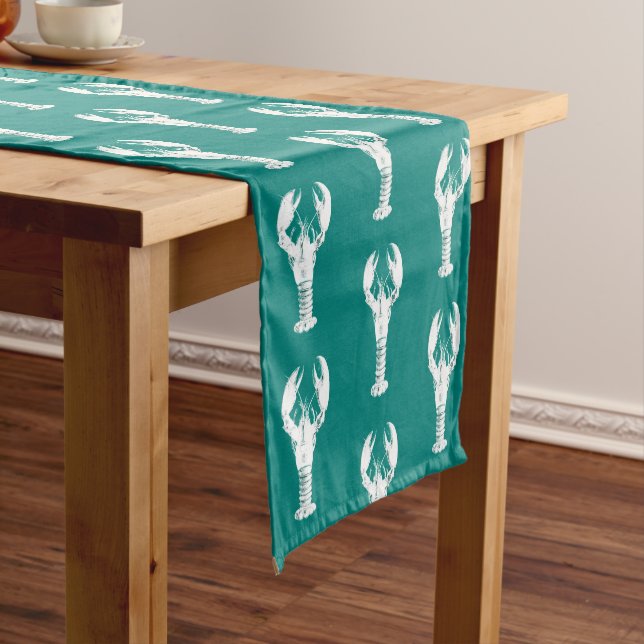 White Lobster on Turquoise / Teal Short Table Runner (In Situ)