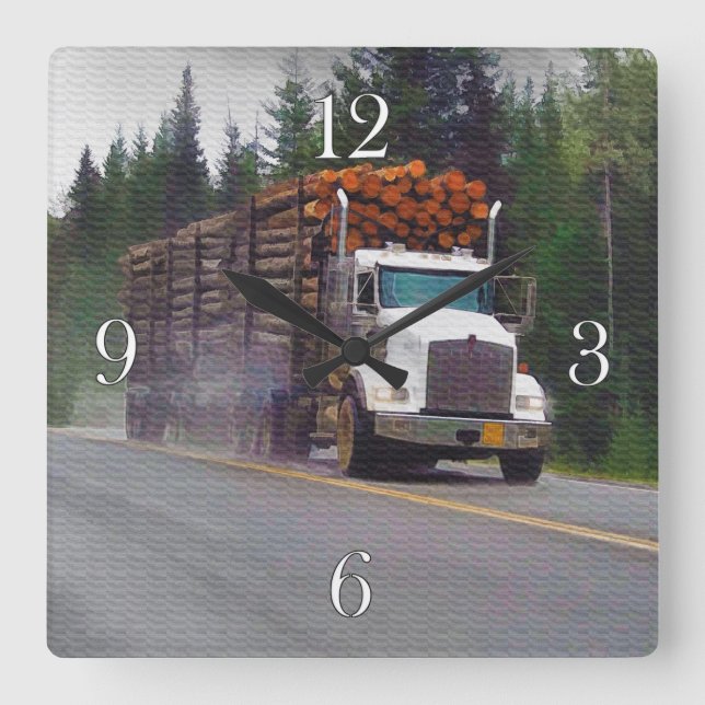 White Logging Truck Drivers Wall Clock (Front)