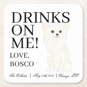 White Long Haired Chihuahua Wedding Square Paper Coaster
