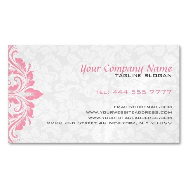 White loral Damask Pink Lace Magnetic Business Card (Front)
