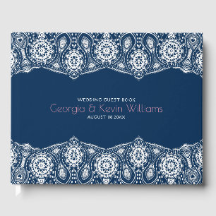 White loral Lace Dark Blue Background Guest Book