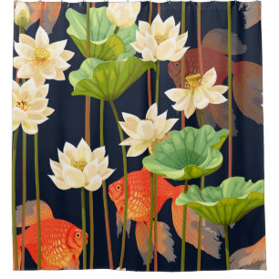 White lotus, fish: seamless pattern. shower curtain
