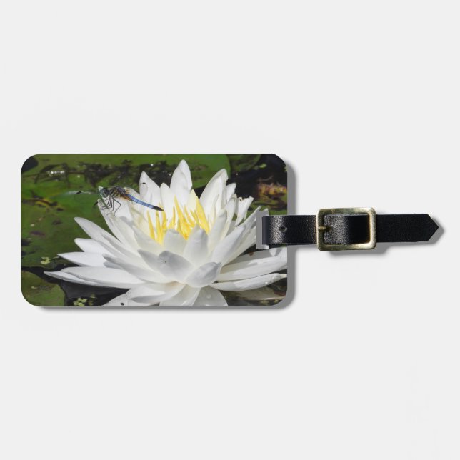 White Lotus Flower and Blue Dragonfly Luggage Tag (Front Horizontal)