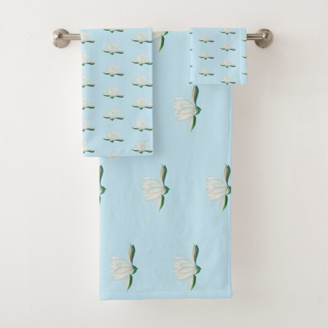 White Lotus  Flower Illustration  Bath Towel Set (Insitu)