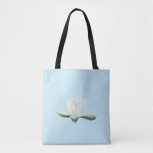 White Lotus Flower Illustration Light Blue Tote Bag