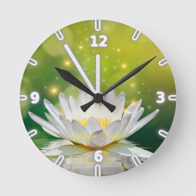 White Lotus Flower Landscape, Zen Round Clock (Front)