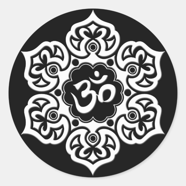 White Lotus Flower Om on Black Classic Round Sticker (Front)