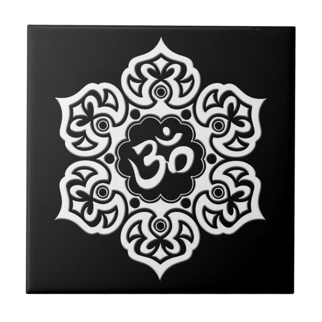 White Lotus Flower Om on Black Tile (Front)