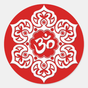 White Lotus Flower Om on Red Classic Round Sticker