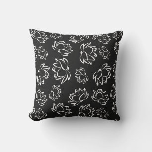 White Lotus Flower Pattern on Grey Background Cushion
