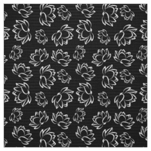 White Lotus Flower Pattern on Grey Background Fabric