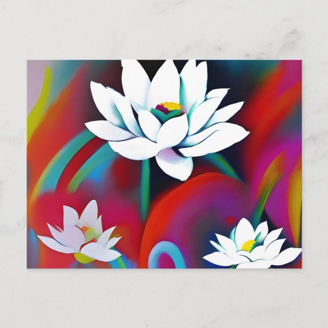 White lotus flowers on a colourful background postcard (Front)