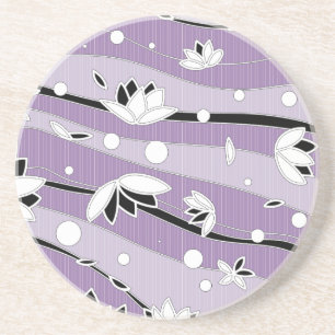 White Lotus Flowers on Purple Stripes Coaster