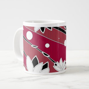 White Lotus Flowers on Red Stripes Large Coffee Mug