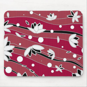 White Lotus Flowers on Red Stripes Mouse Pad