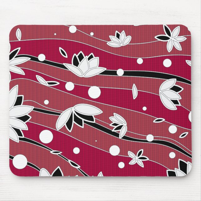 White Lotus Flowers on Red Stripes Mouse Pad (Front)