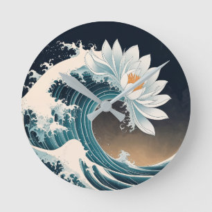 White Lotus & Ocean Wave – Elegance in Motion Round Clock