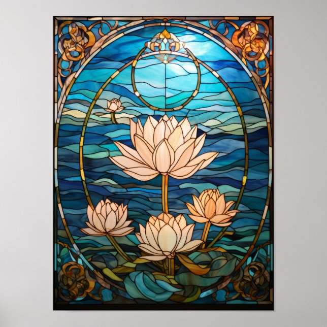 White Lotus Over Tranquil Blue Waters Stained Glas Poster (Front)