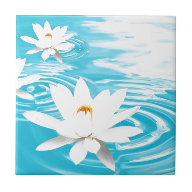 White Lotus plants floating on turquoise water zen Tile (Front)