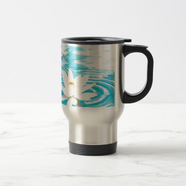White Lotus plants floating on turquoise water zen Travel Mug (Right)
