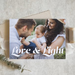 White Love and Light Typography Photo Hanukkah Holiday Card<br><div class="desc">Love and light | Send your Hanukkah greetings to family and friends with this customisable Hanukkah card. It features retro bold typography. Personalise this photo Hanukkah card by adding your details. This photo Hanukkah card is available in other colours and cardstock. Matching items are also available.</div>