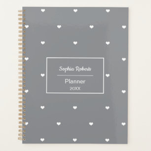 White Love Hearts Grey Pattern Planner