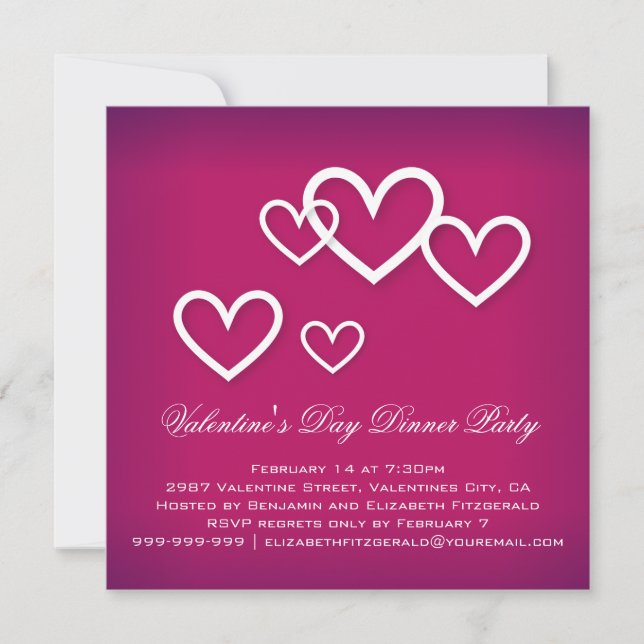 White Love Hearts on Dark Pink Valentines Party Invitation (Front)