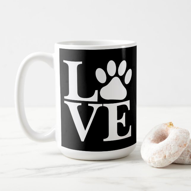 White LOVE Word Dog Paw Print On Black Background Coffee Mug (With Donut)