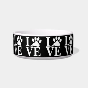 White LOVE Word Dog Paws Pattern Black Background Bowl