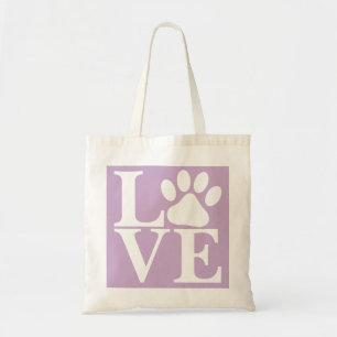 White LOVE Word Dog Paws Pattern Violet Background Tote Bag