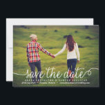 White Lovely Calligraphy Photo Save The Date<br><div class="desc">Whimsical and elegant save the date announcement featuring modern calligraphy and polka dots pattern. Personalise this modern save the date by adding your details. Other colours are available.</div>