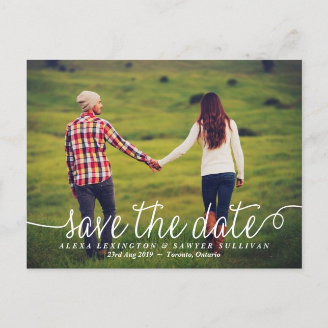 White Lovely Calligraphy Photo Save the Date Announcement Postcard (Front)